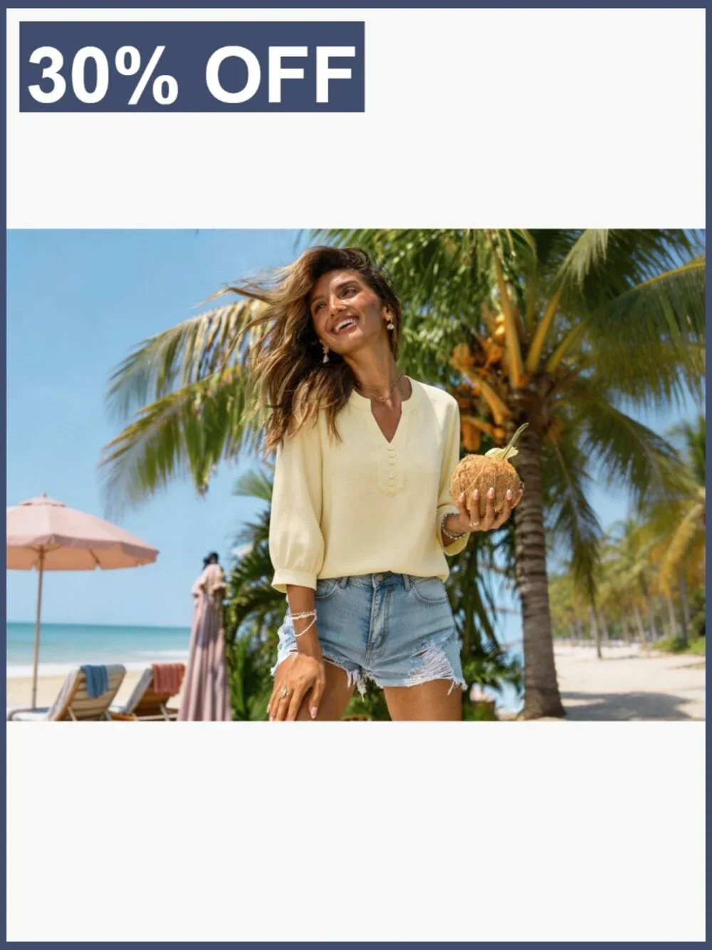 Women's 3/4 Sleeve V-Neck Blouse Loose Fit Rayon Spandex Henley Top_6